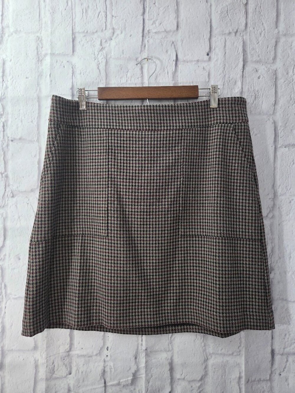 Ann Taylor Factory 14 Red Black Houndstooth Lined Back Zip Preppy Office Skirt